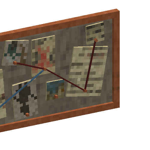 Chaotic board covered in notes, scribbles, and string